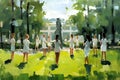 Outdoor yoga classes. Practicing yoga in the park. Painting