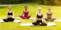 Outdoor yoga and meditation class. Group of young girls doing breathing exercises at park Royalty Free Stock Photo