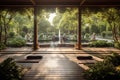 outdoor yoga studio with a peaceful water feature