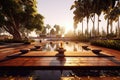 outdoor yoga studio with a peaceful water feature
