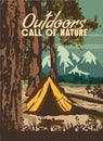 Outdoors Call of Nature poster retro, camping outdoor travel. Tourism hiking summer forest, vector illustration Royalty Free Stock Photo