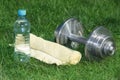Outdoors fitness activity items in grass
