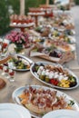 Outdoors fourchette table with italian appetizers and fresh flow Royalty Free Stock Photo