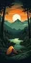 Retrovirus Camping Poster: Scenic Jungle View In Orange And Cyan