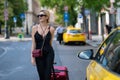 Outdoors lifestyle. Beautiful woman tourist. Sexy carefree woman posing on street. Sexy model outdoors portrait. Fashion Royalty Free Stock Photo