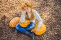 Outdoors lifestyle fashion image of happy beautiful girl sitting on the grass in autumn park. Holding a pumpkin. Wearing Royalty Free Stock Photo