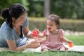 outdoors lifestyle portrait of mother and daughter - young happy and sweet Asian Korean woman playing with her 8 months baby girl Royalty Free Stock Photo