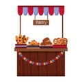 Outdoors market stall counter tent for sale bakery products isolated on white background. Flat vector illustration