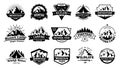 Outdoors nature badges. Adventure emblem, vintage wilderness label and outdooring camping badge vector illustration set