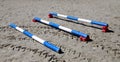 Outdoors photo of wooden barriers for jumping horses. Preparation of horses for performance on equestrian training Royalty Free Stock Photo