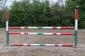 Outdoors photo of wooden barriers for jumping horses. Preparation of horses for performance on equestrian training Royalty Free Stock Photo