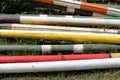 Outdoors photo of wooden barriers for jumping horses. Preparation of horses for performance on equestrian training Royalty Free Stock Photo