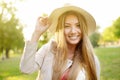 Outdoors portrait of delightful young woman. Charming caucasian girl stroll in sunny day