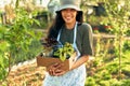 Outdoors portrait of a happy female gardener in apron carrying a box with potted flowers. A young woman smiling during gardening Royalty Free Stock Photo