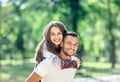 Outdoors portrait of lovers happy young man and woman