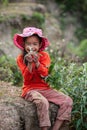 Outdoors portrait of vietnamese little girl holding plant and smiling at camera. Beautiful soft sunlight. New generation. Dien