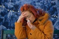 Outdoors portrait of young woman sick colds,flu,fever Royalty Free Stock Photo