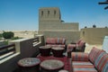 Outdoors restaurant comfortable lounge on the top of the roof at luxury arabian desert resort