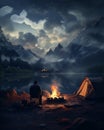Outdoors tent mountains forest summer hiking night nature campfire adventure tourism camp Royalty Free Stock Photo