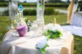 Beautiful outdoors wedding ceremony details. Decoration on patry.