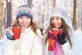 Outdoors on a winter day. Girls drink tea.