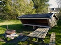 Outdoors wooden sleeping shelter cabin