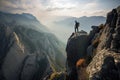 outdoorsman scaling the side of a towering mountain, with breathtaking view in the background