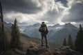 outdoorsman taking in the beauty of majestic mountain range, with clouds and peaks visible