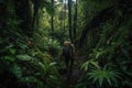 outdoorsman trekking through jungle, surrounded by lush greenery