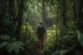 outdoorsman trekking through jungle, surrounded by lush greenery