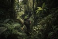 outdoorsman trekking through jungle, surrounded by lush greenery