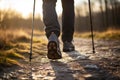 Outdoorsy Man practicing nordic walking with poles outdoor. Generate Ai