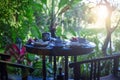 Outdorr breakfast with tea, fruits, pancakes in hotel in jungle Royalty Free Stock Photo