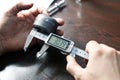 Outer diameter of weldolet measuring with the digital vernier caliper micrometer. A micrometer, sometimes known as a micrometer. Royalty Free Stock Photo