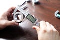 Outer diameter of weldolet measuring with the digital vernier caliper micrometer. A micrometer, sometimes known as a micrometer. Royalty Free Stock Photo