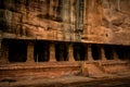 Outer look of Badami cave 3 with beautiful decorated pillars,India.