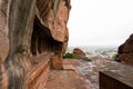 Outer look of Badami cave 3 with beautiful decorated pillars,India.