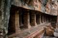 Outer look of Badami cave 3 with beautiful decorated pillars,India.