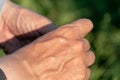 the outer side of the male palm. Muscles and veins of the arm close-up. Sweaty hand after a workout Royalty Free Stock Photo