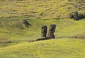 Outer slopes of Rano Raraku volcano with many moai. Rano Raraku is the quarry site where the moais were carved. Easter Island,