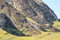 Outer slopes of Rano Raraku volcano with many moai. Rano Raraku is the quarry site where the moais were carved. Easter Island,