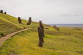 Outer slopes of Rano Raraku volcano with many moai. Rano Raraku is the quarry site where the moais were carved. Easter Island,