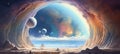 outer space alien planet landscape with giant exoplanet moon and stars - generative AI
