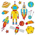Outer space cosmos colorful colored line doodle icons set Royalty Free Stock Photo
