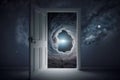 Outer space in dark room. Many stars and blue nebula behind door with glass. Abstract image of mind, dreams. Neural