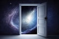 Outer space in dark room. Many stars and blue nebula behind door with glass. Abstract image of mind, dreams. Neural