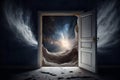 Outer space in dark room. Many stars and blue nebula behind door with glass. Abstract image of mind, dreams. Neural