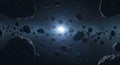 Outer space scene with numerous asteroids floating in a belt formation. The rocks Royalty Free Stock Photo