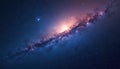 Outer space scene shows bright nebula, stars, and a spiral galaxy. Deep blue sky with cosmic clouds and distant planets. Sci fi Royalty Free Stock Photo