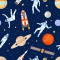 Outer space seamless pattern. Print with dancing astronaut, spaceships, satellite, stars and planets. Cosmic adventure